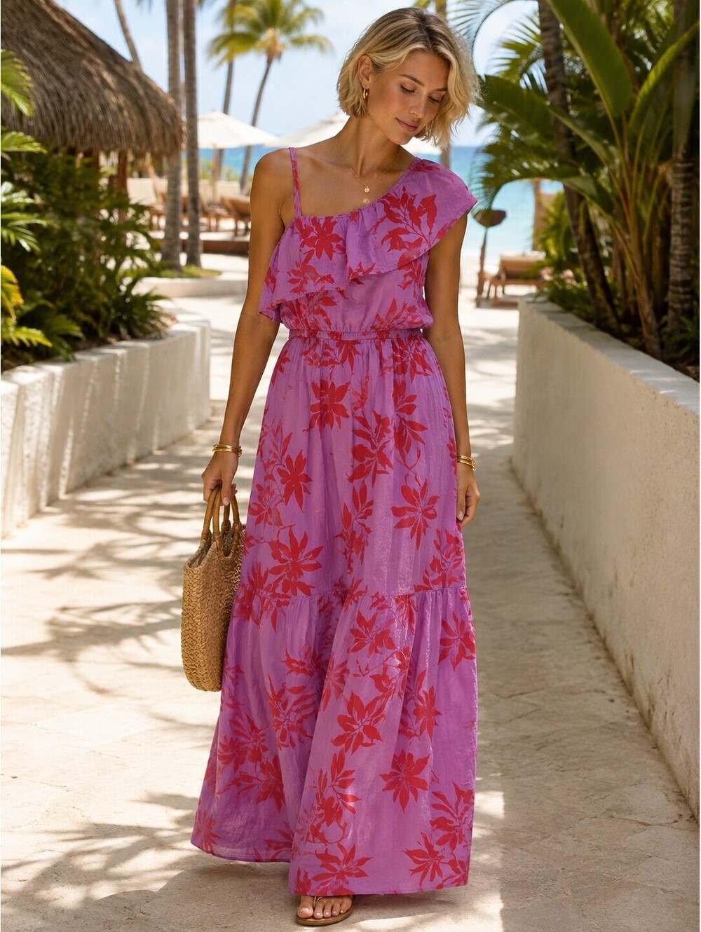Old Navy | L | Purple Pink Floral One Shoulder Dress
